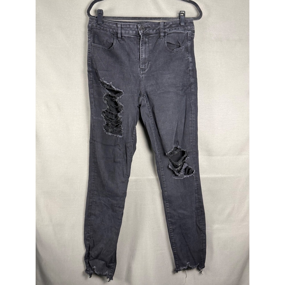 American Eagle Jeggings Women 14 Long Black High Rise Distressed Frayed Hem